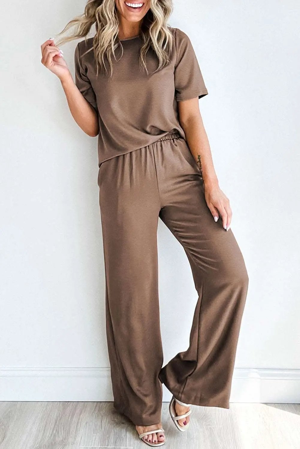 Smoke Gray Solid Color T Shirt 2pcs Wide Leg Pants Set - Love Salve